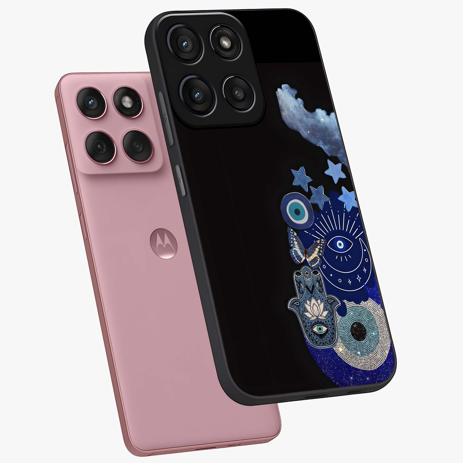 Galactic Charm Cluster Glass Case displayed in angled mockup highlighting luminous galaxy inspired design with dreamy aesthetic.