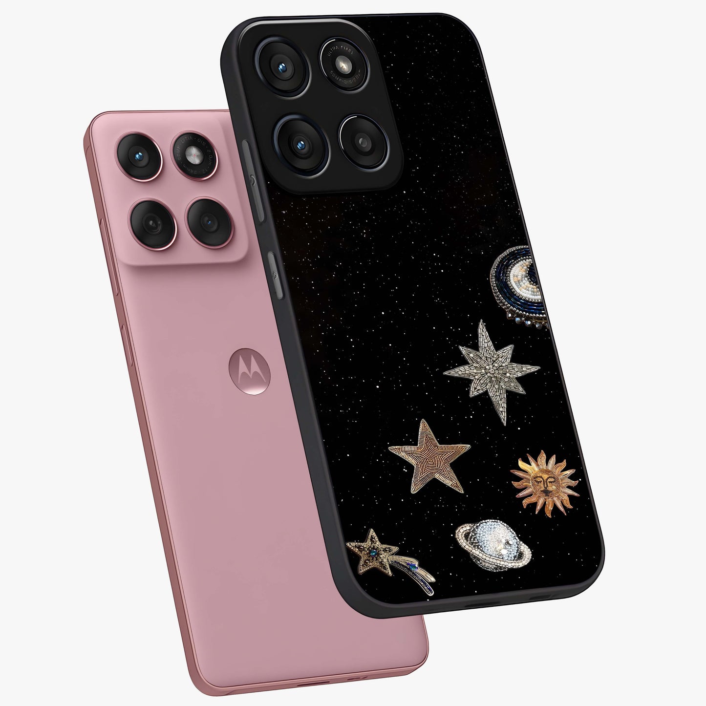 Galactic Charm Glow Glass Case displayed in angled mockup highlighting luminous galaxy inspired design with dreamy aesthetic.
