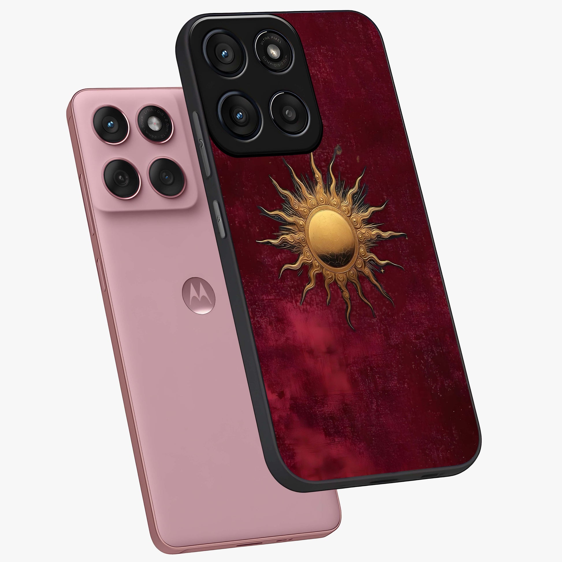 Golden Sun Minimalism Glass Case displayed in angled mockup highlighting clean sun symbol design with modern minimal aesthetic.