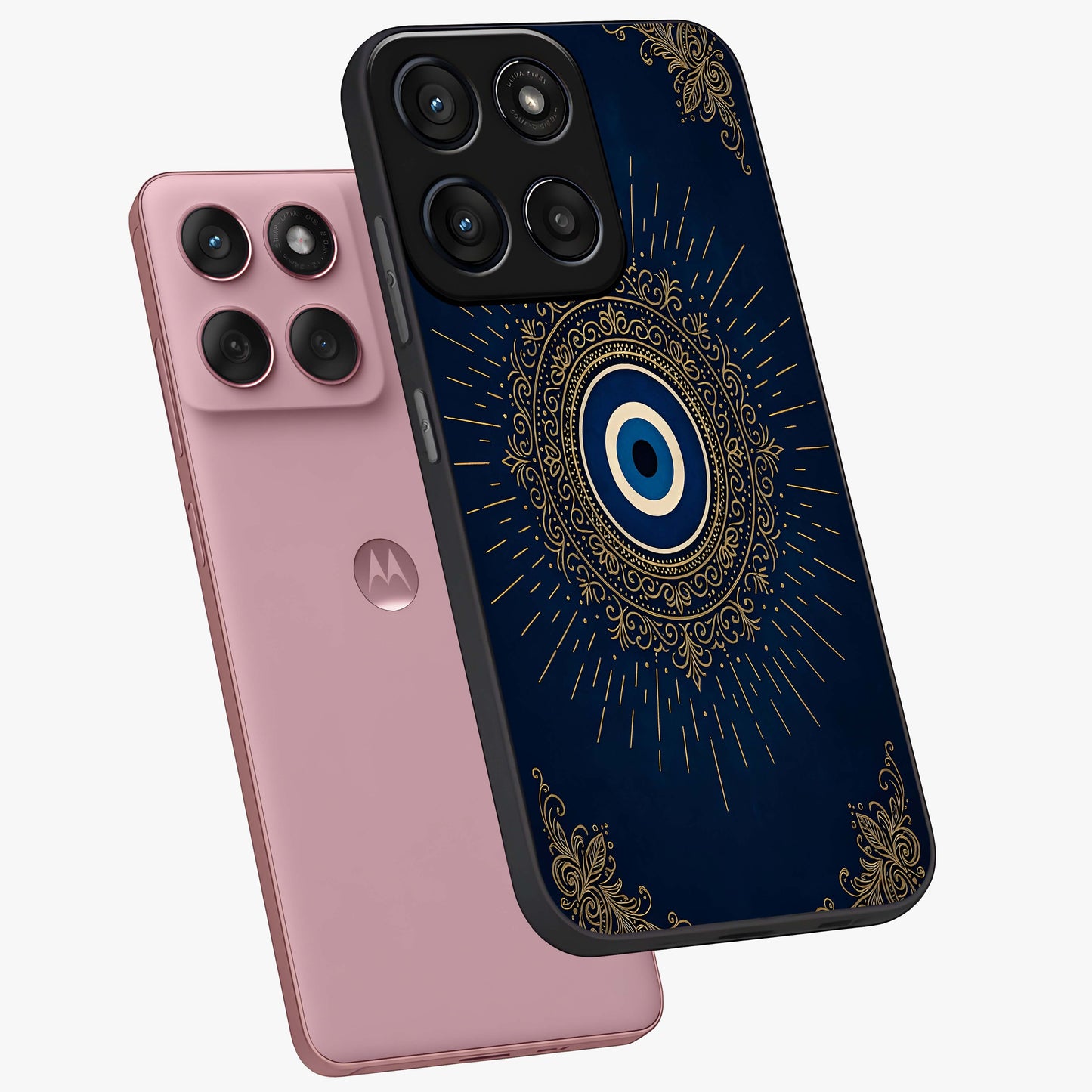 Golden Celestial Charm Glass Case displayed in angled mockup highlighting sparkling cosmic charm design with celestial aesthetic.