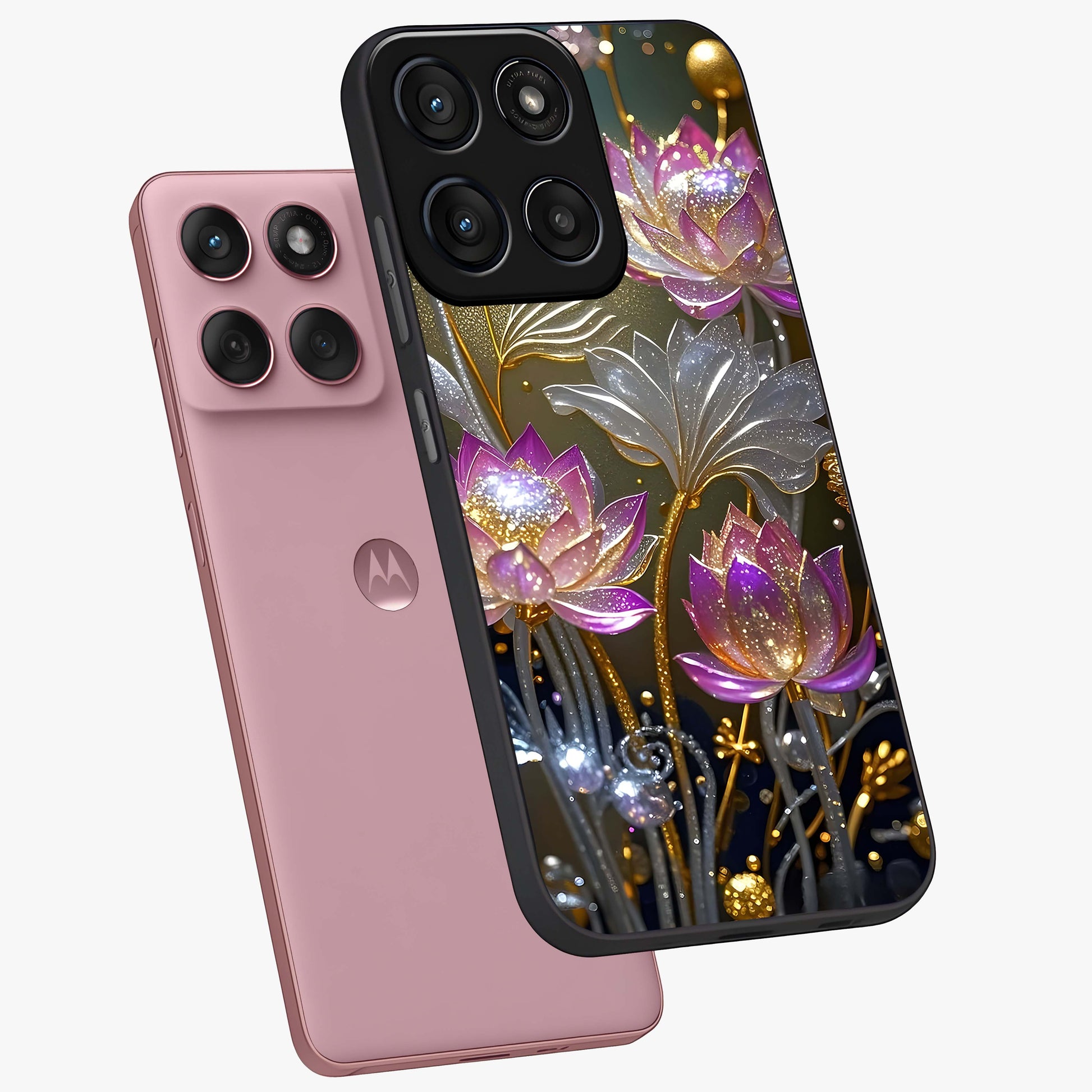 Golden Floral Majesty Glass Case displayed in angled mockup highlighting elegant flower design with royal golden aesthetic.