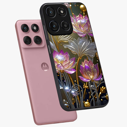 Golden Floral Majesty Glass Case displayed in angled mockup highlighting elegant flower design with royal golden aesthetic.