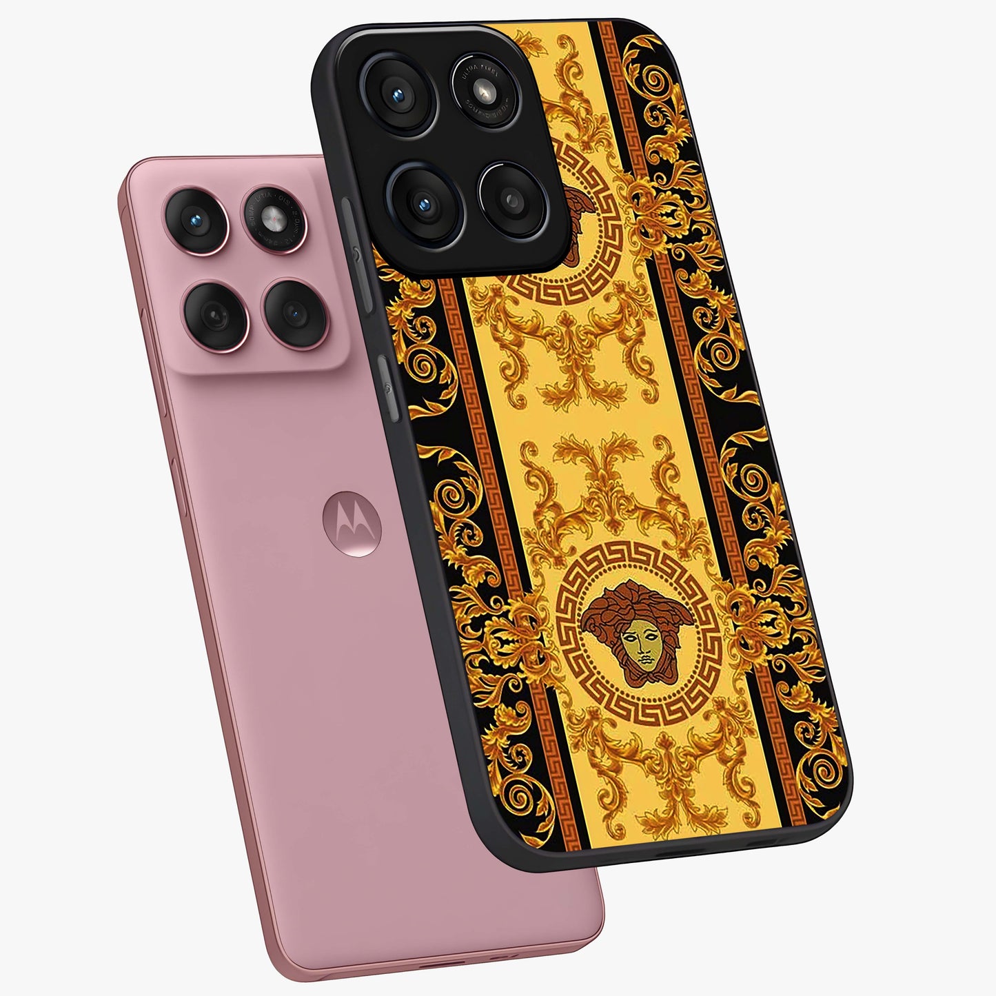 Golden Lotus Glow Glass Case displayed in angled mockup highlighting radiant lotus illustration with spiritual aesthetic.