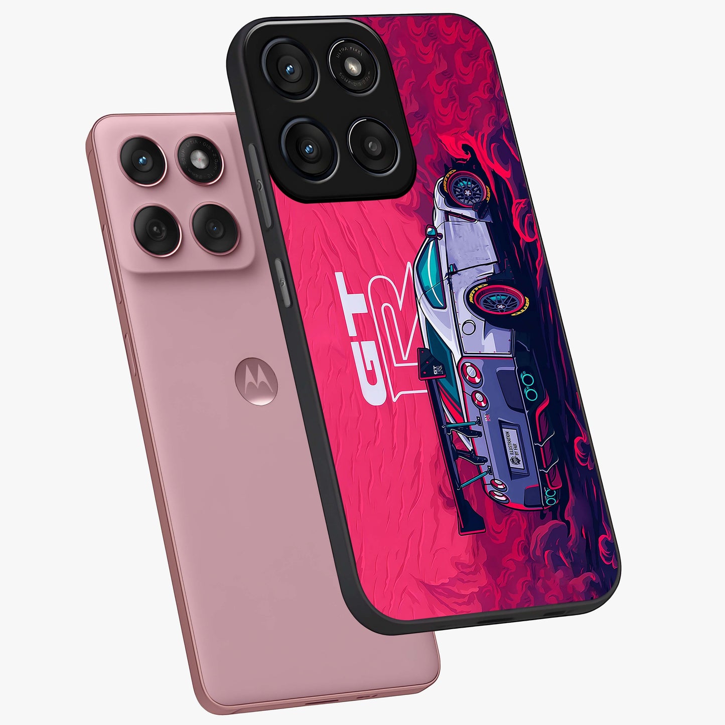 GT-R Car Pattern Glass Case displayed in angled mockup highlighting racing car graphic design with bold automotive aesthetic.