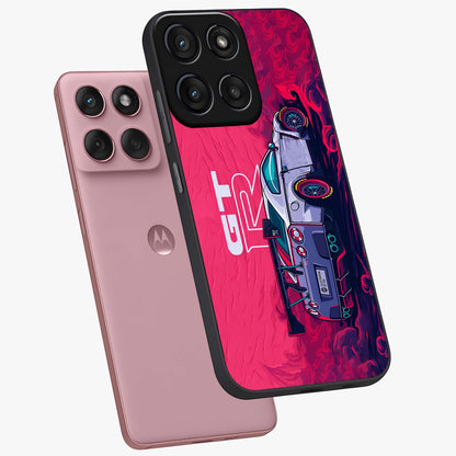GT-R Car Pattern Glass Case displayed in angled mockup highlighting racing car graphic design with bold automotive aesthetic.