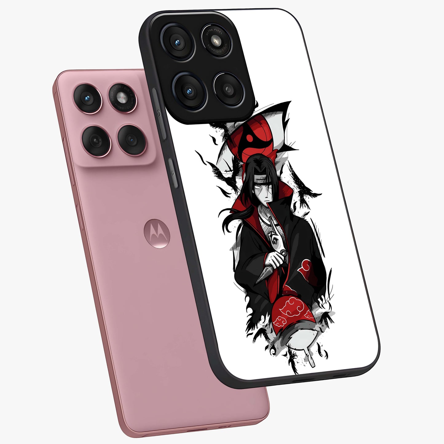 Itachi Limited Edition Naruto Anime Glass Case displayed in angled mockup highlighting dramatic anime illustration with bold action aesthetic.