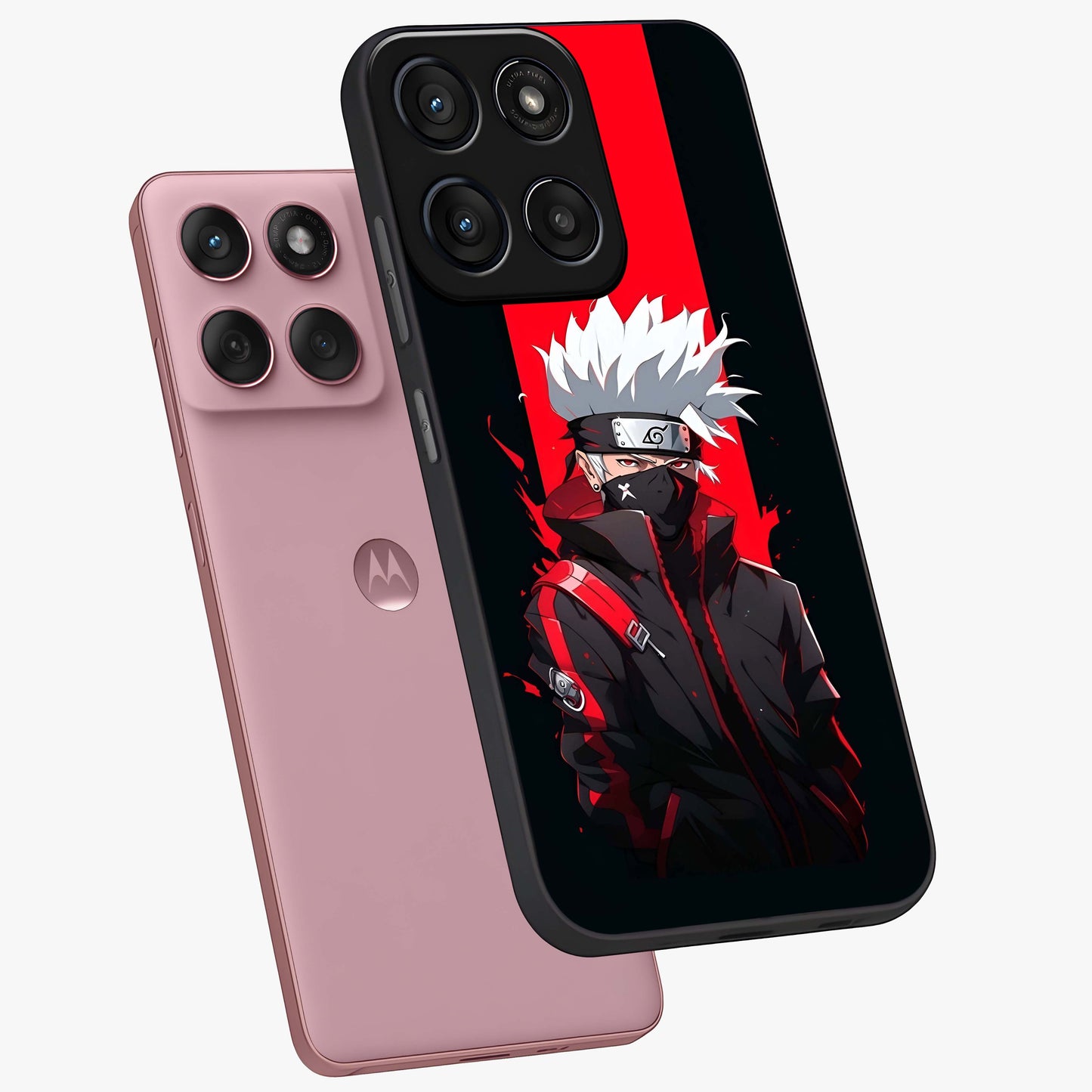 Kakashi Scarlet Shadow Glass Case displayed in angled mockup highlighting dramatic ninja illustration with scarlet themed aesthetic.