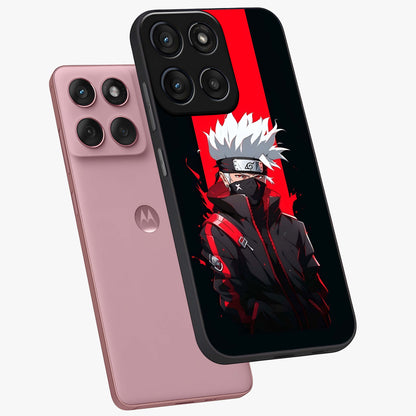 Kakashi Scarlet Shadow Glass Case displayed in angled mockup highlighting dramatic ninja illustration with scarlet themed aesthetic.
