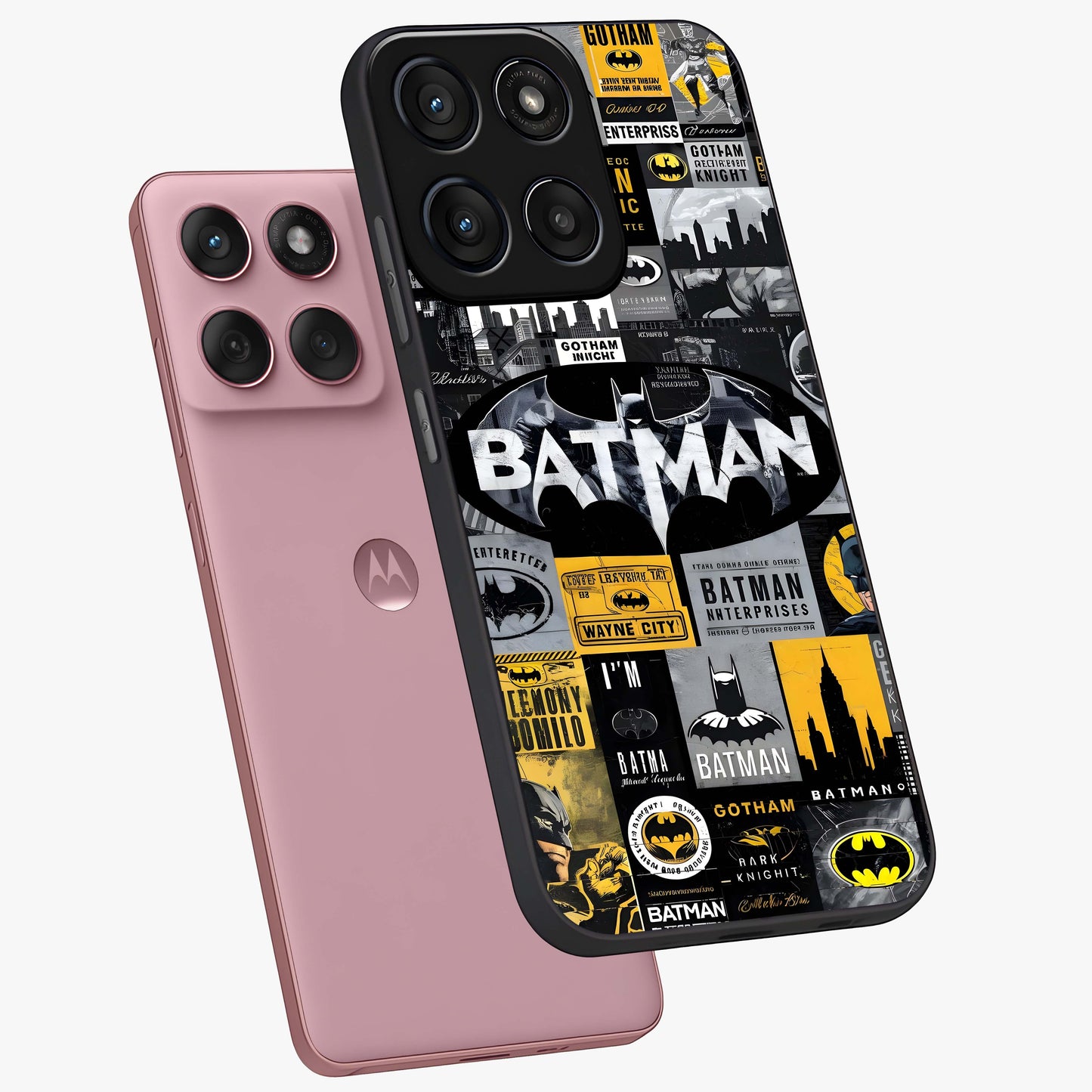 Knight Gotham Rise Glass Case displayed in angled mockup highlighting powerful knight silhouette design with dramatic aesthetic.