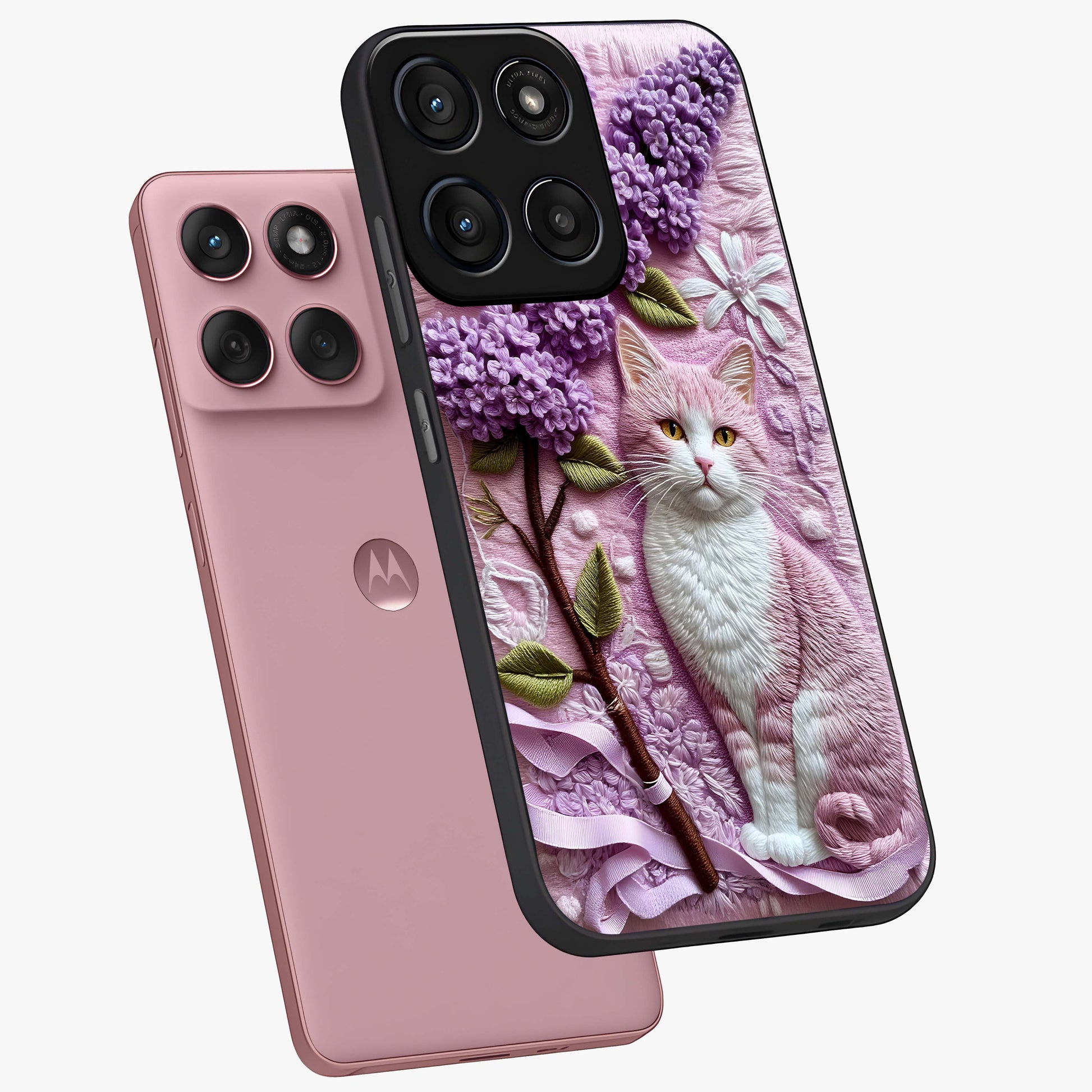Lavender Cat Whimsy Glass Case displayed in angled mockup highlighting playful feline illustration with pastel lavender aesthetic.