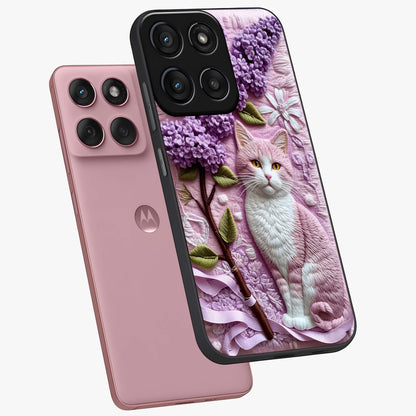 Lavender Cat Whimsy Glass Case displayed in angled mockup highlighting playful feline illustration with pastel lavender aesthetic.