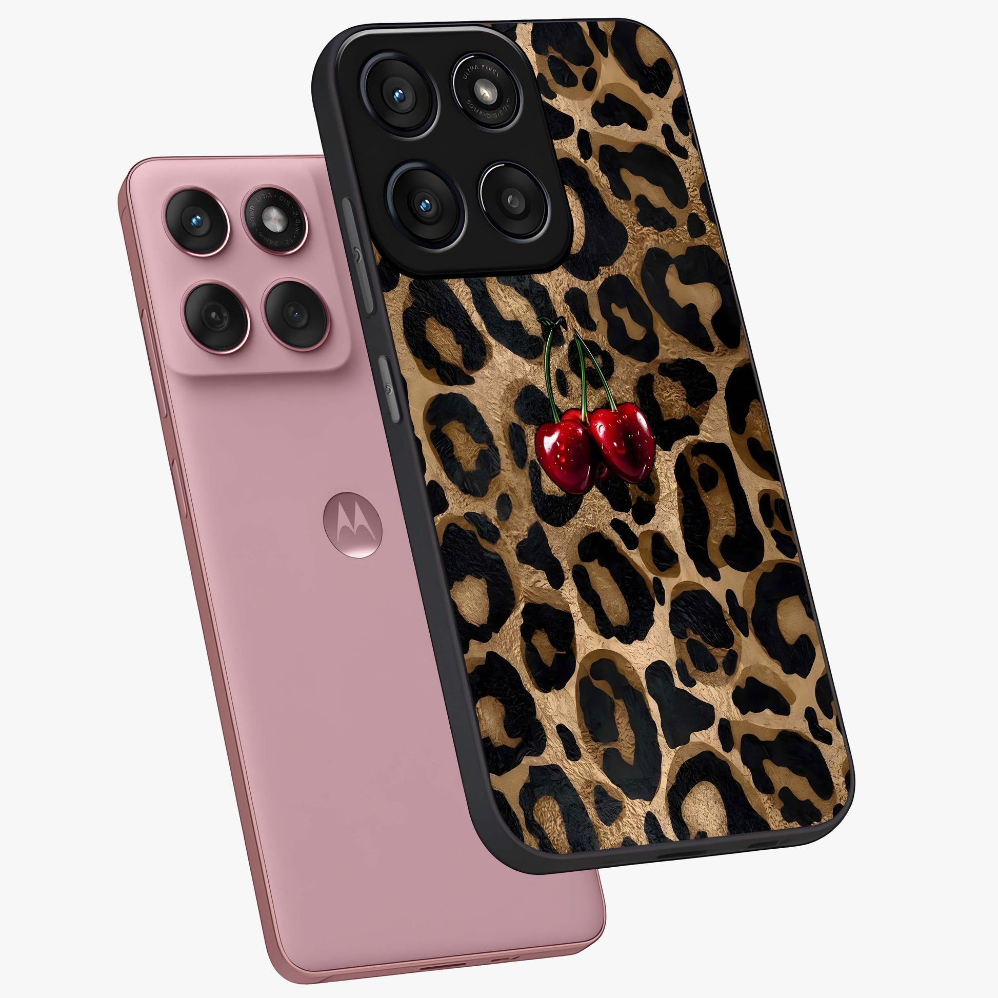 Leopard Wild Cherry Glass Case displayed in angled mockup highlighting bold animal print design with playful cherry aesthetic.