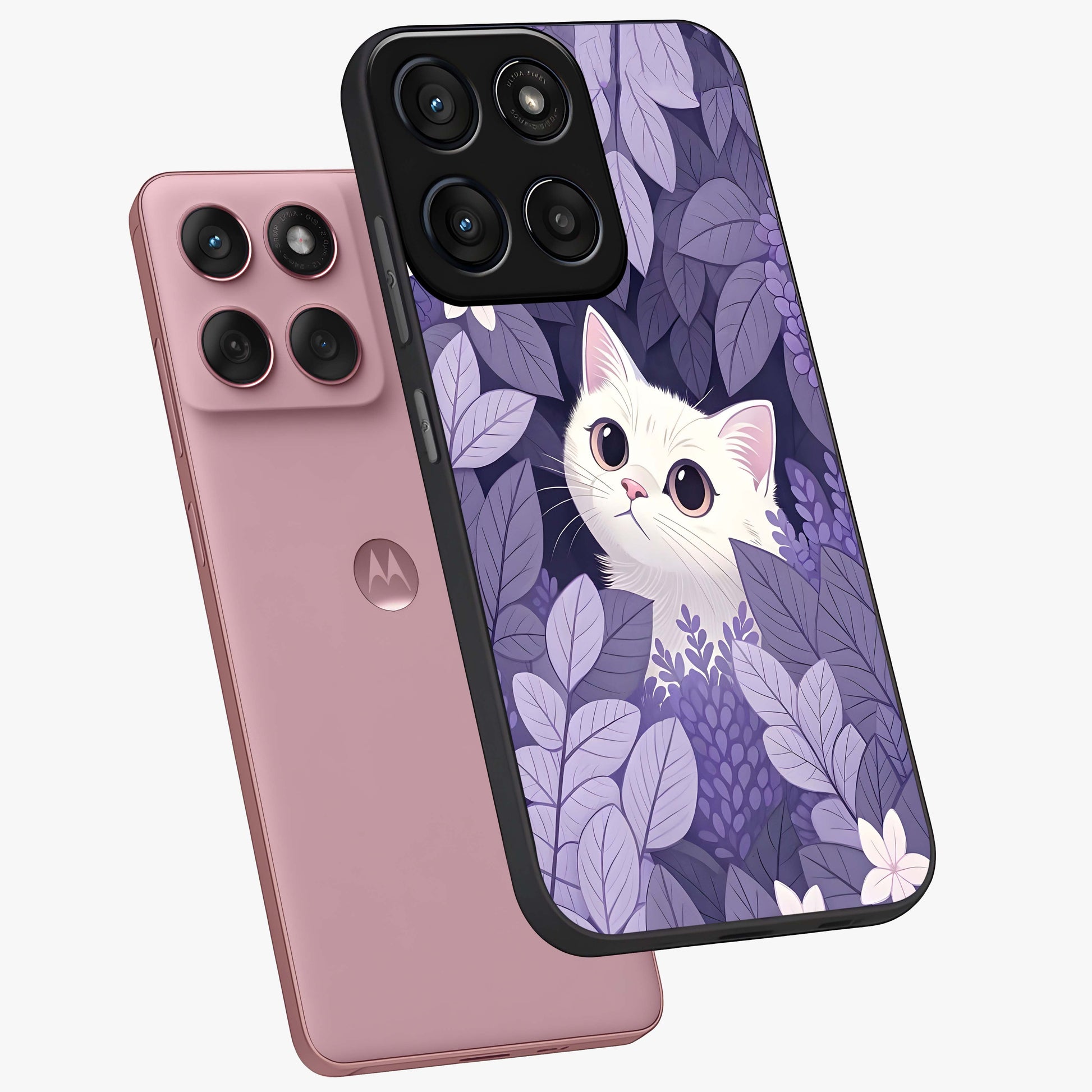 Lilac Hide Peek Cat Glass Case displayed in angled mockup highlighting playful feline illustration with lilac aesthetic design.