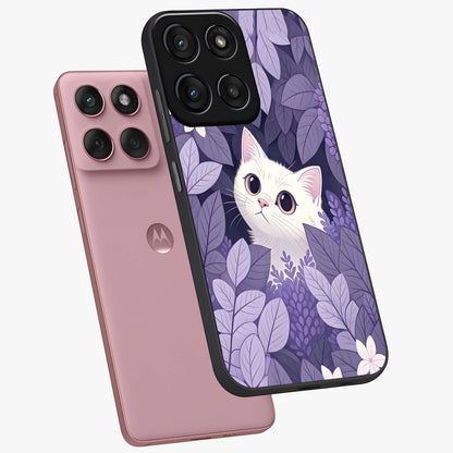 Lilac Hide Peek Cat Glass Case displayed in angled mockup highlighting playful feline illustration with lilac aesthetic design.