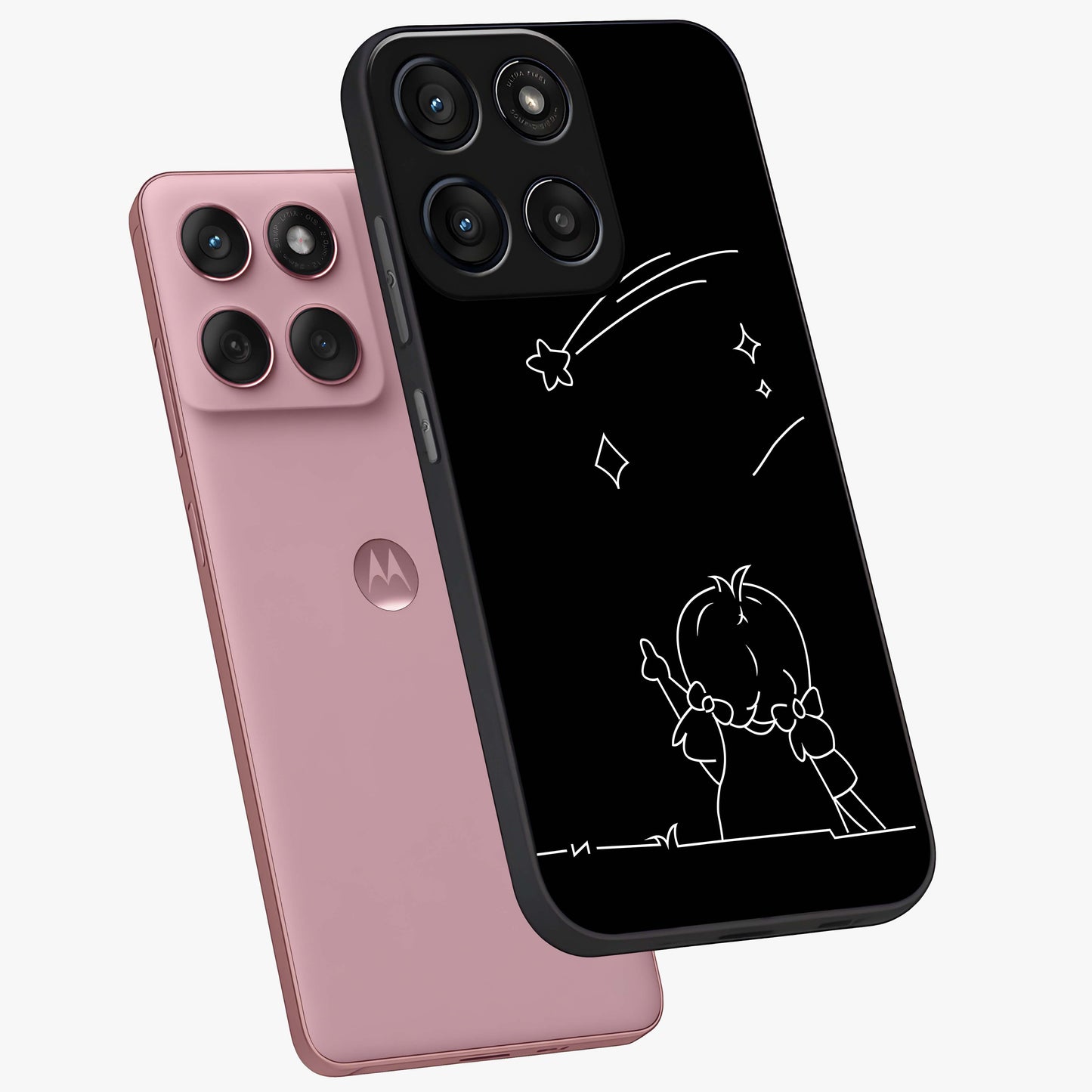 Line Art Girl With Shooting Stars Glass Case displayed in angled mockup highlighting elegant line art design with dreamy star aesthetic.