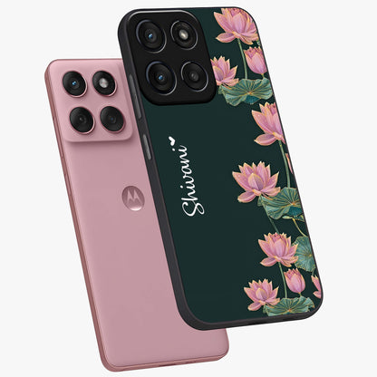 Lotus Bloom Serenity Custom Name Glass Case displayed in angled mockup highlighting graceful lotus illustration with custom name feature.