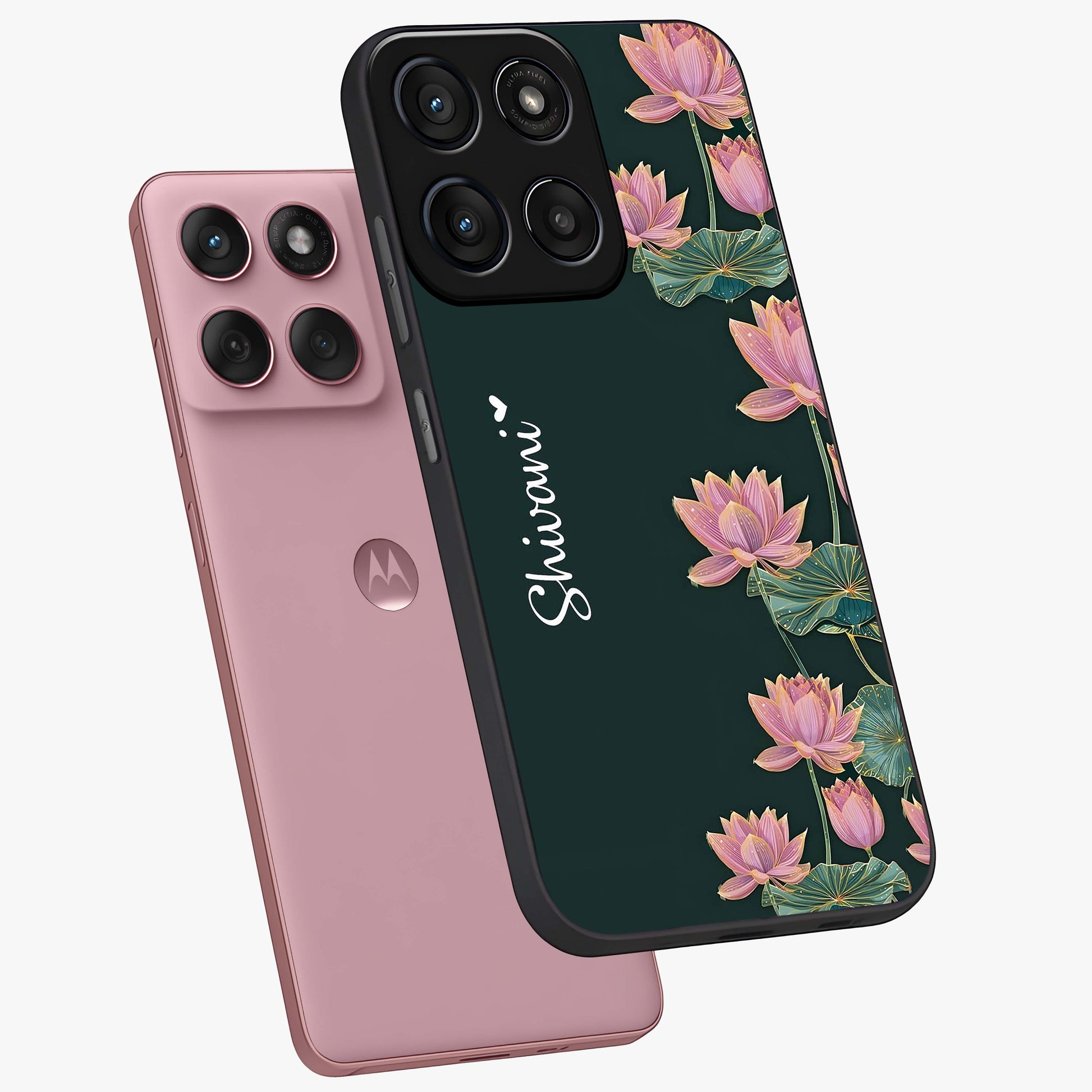 Lotus Bloom Serenity Custom Name Glass Case displayed in angled mockup highlighting graceful lotus illustration with custom name feature.