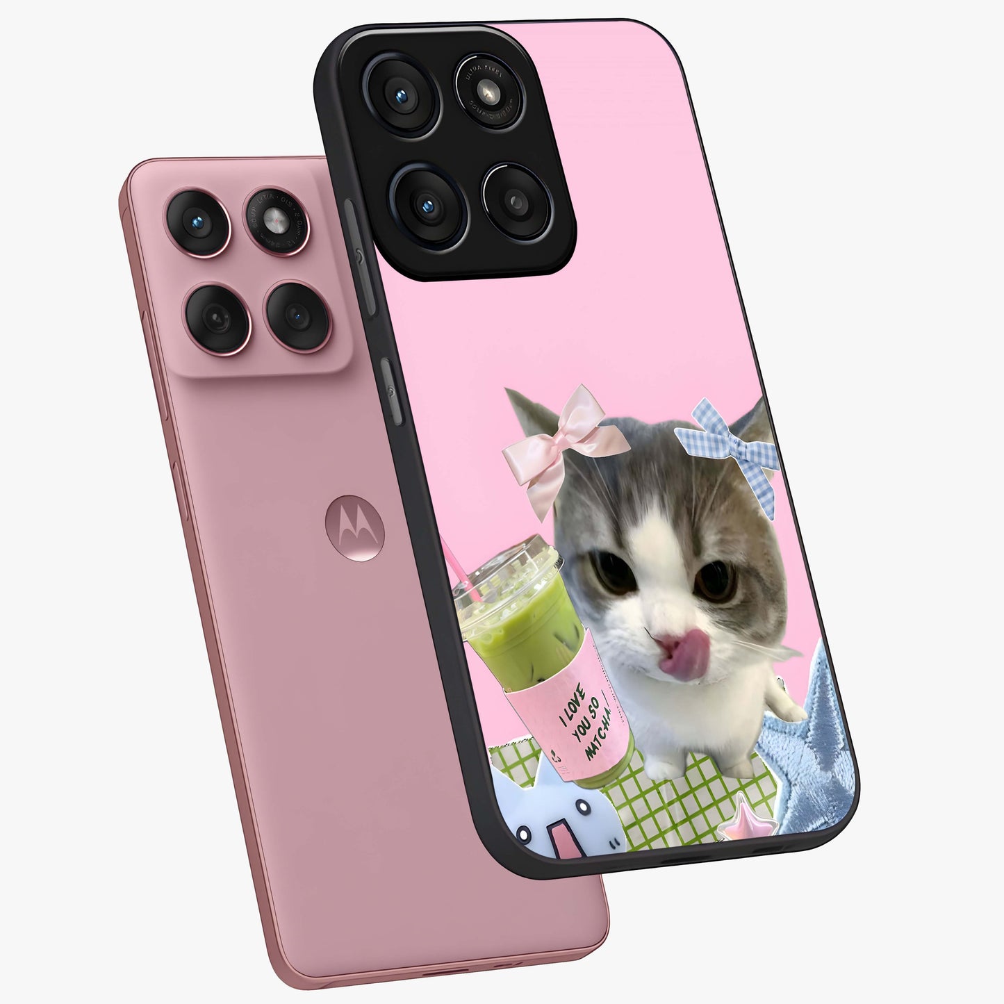Love Matcha Cat Glass Case displayed in angled mockup highlighting playful feline illustration with cozy matcha aesthetic.