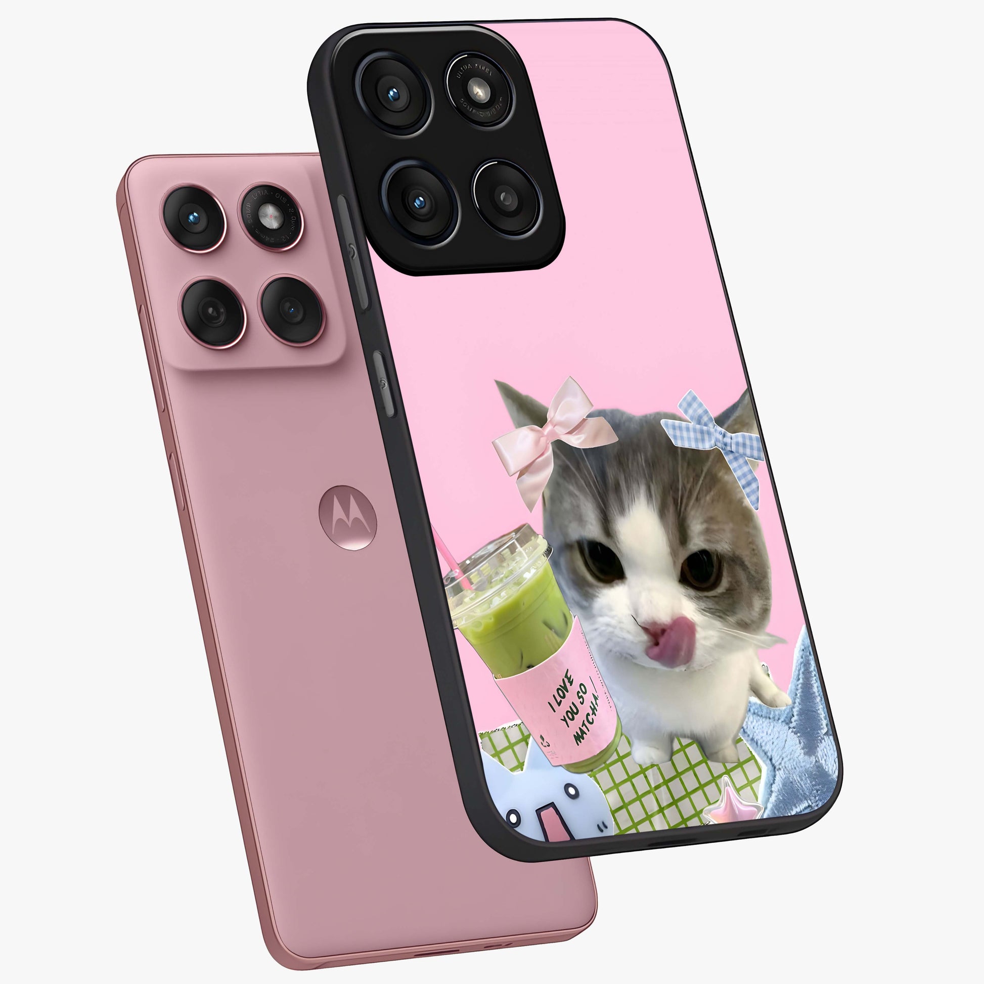 Love Matcha Cat Glass Case displayed in angled mockup highlighting playful feline illustration with cozy matcha aesthetic.
