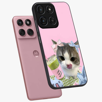 Love Matcha Cat Glass Case displayed in angled mockup highlighting playful feline illustration with cozy matcha aesthetic.