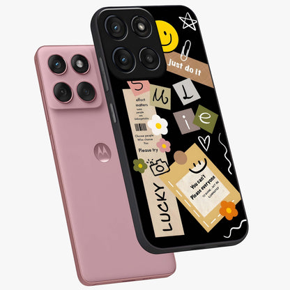 Lucky Aesthetic Collage Glass Case displayed in angled mockup highlighting stylish collage pattern with modern aesthetic vibe.