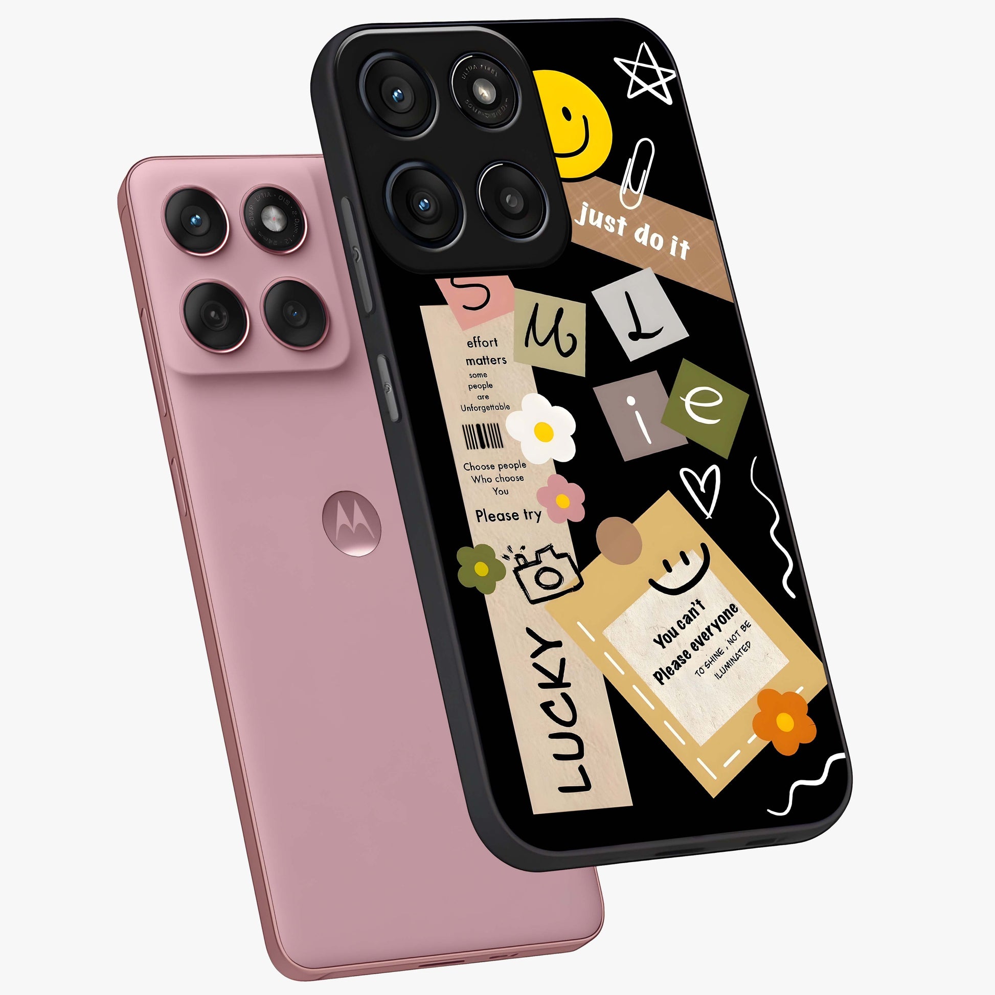 Lucky Aesthetic Collage Glass Case displayed in angled mockup highlighting stylish collage pattern with modern aesthetic vibe.