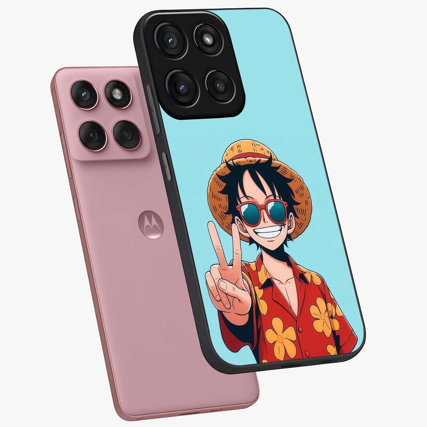 Luffy Summer Anime Vibe Glass Case displayed in angled mockup highlighting energetic anime illustration with summer vibe aesthetic.