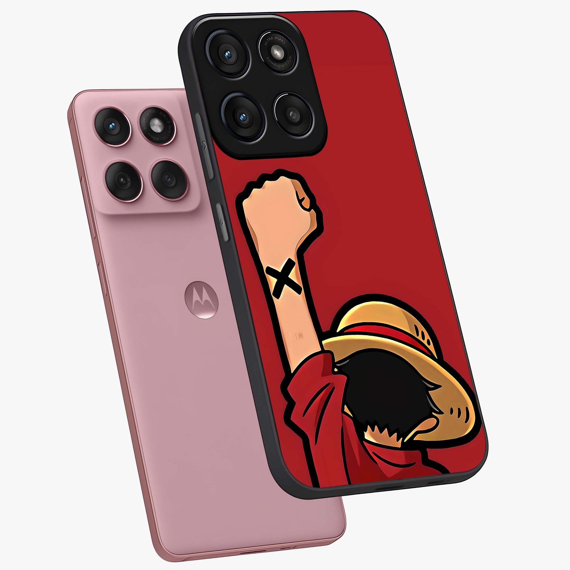 Luffy X Spirit Glass Case displayed in angled mockup highlighting powerful anime design with energetic action aesthetic.