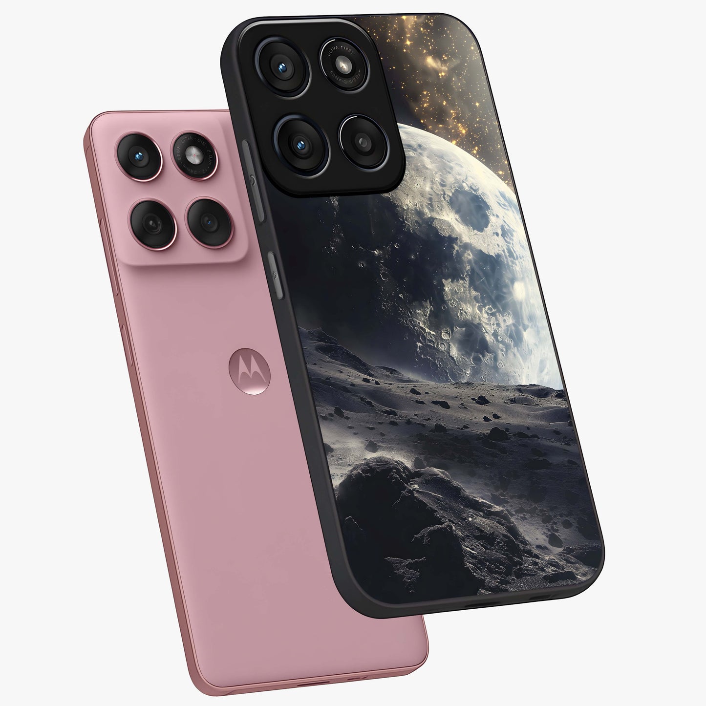 Lunar Horizon Glow Glass Case displayed in angled mockup highlighting celestial moon design with dreamy night aesthetic.