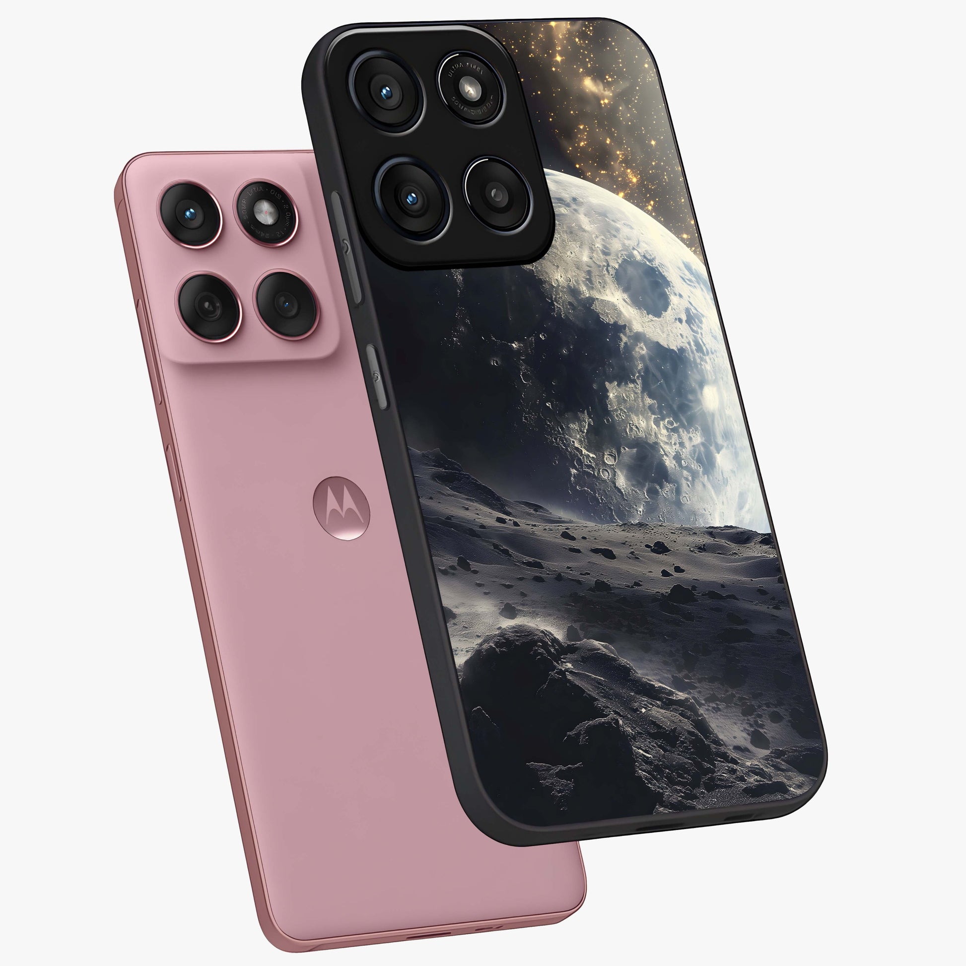 Lunar Horizon Glow Glass Case displayed in angled mockup highlighting celestial moon design with dreamy night aesthetic.