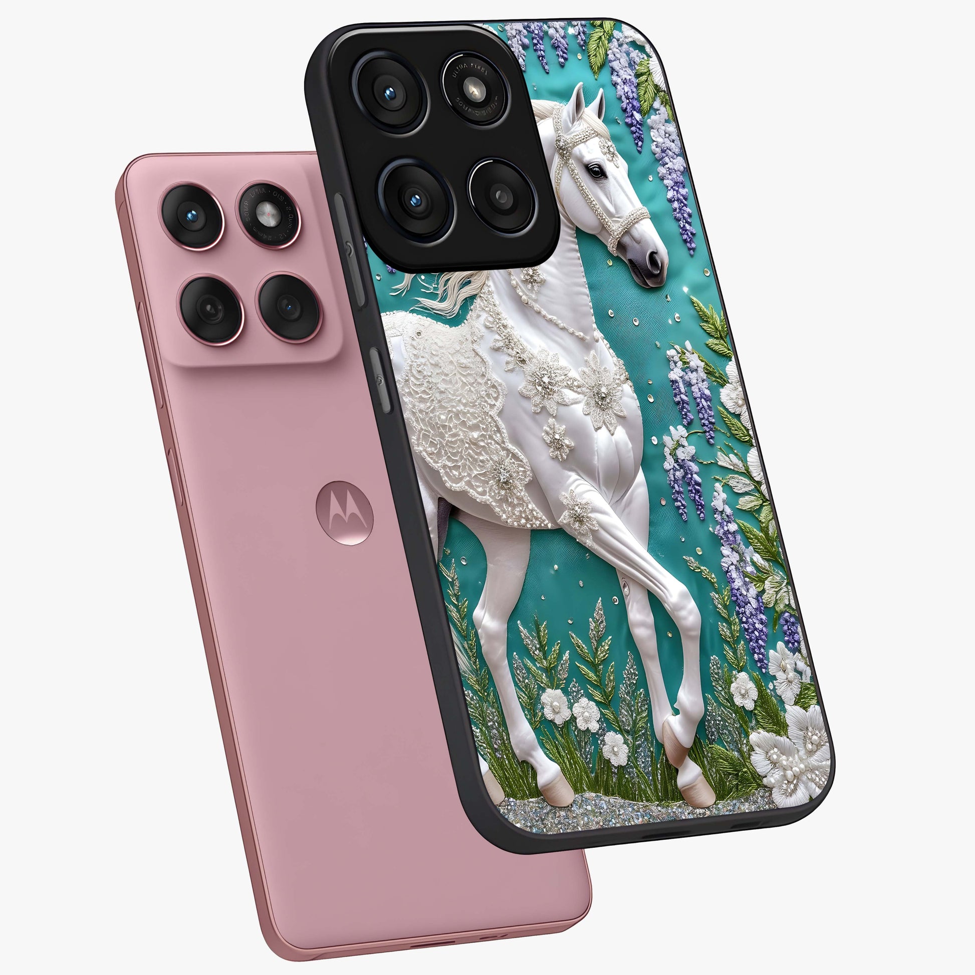 Majestic Floral Stallion Glass Case displayed in angled mockup highlighting majestic stallion illustration with elegant floral aesthetic.