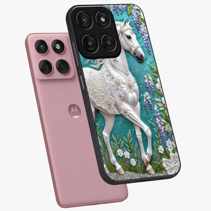 Majestic Floral Stallion Glass Case displayed in angled mockup highlighting majestic stallion illustration with elegant floral aesthetic.