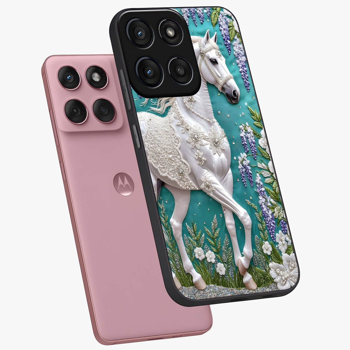 Majestic Floral Stallion Glass Case displayed in angled mockup highlighting majestic stallion illustration with elegant floral aesthetic.