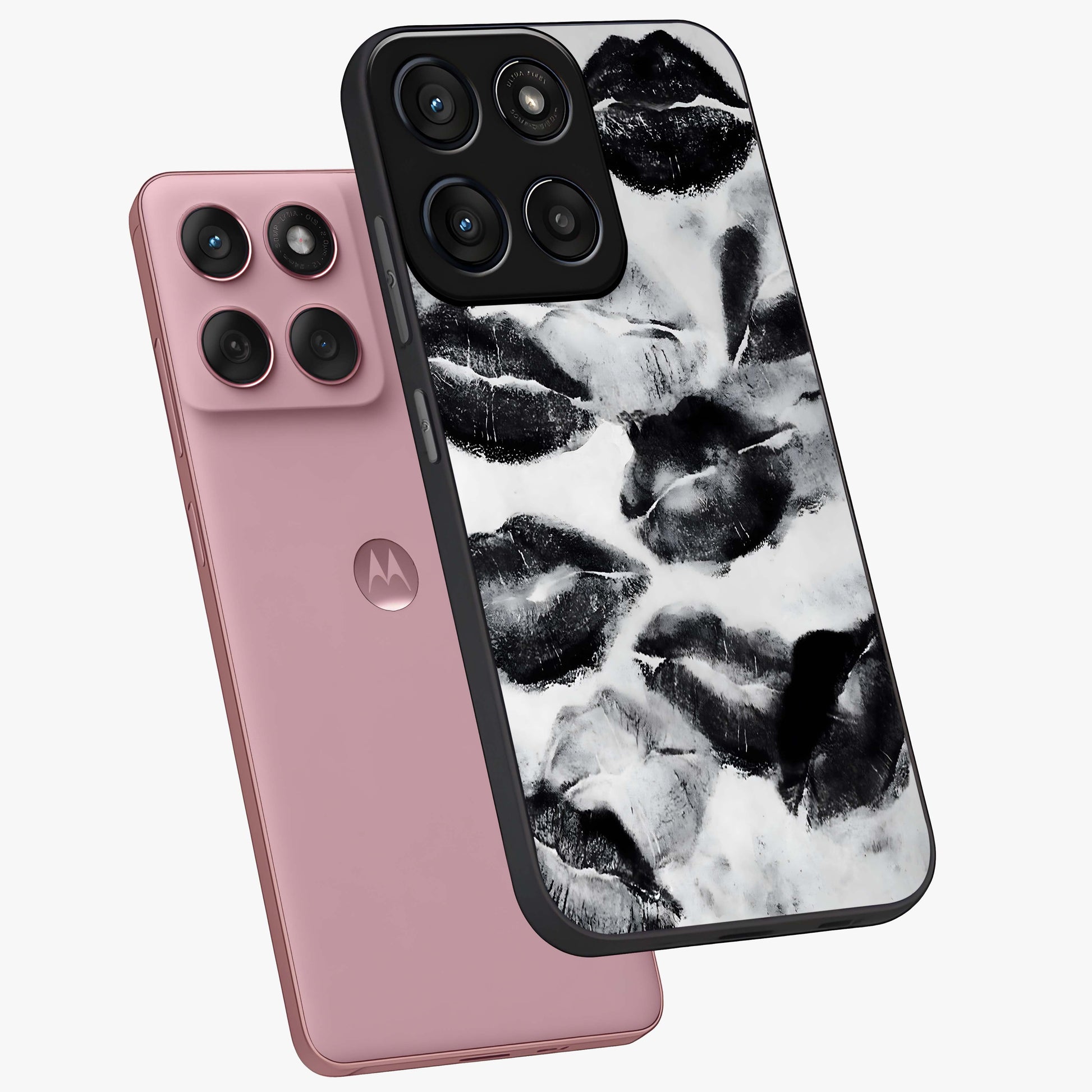 Midnight Kiss Marks Glass Case displayed in angled mockup highlighting playful romantic design with bold midnight aesthetic.