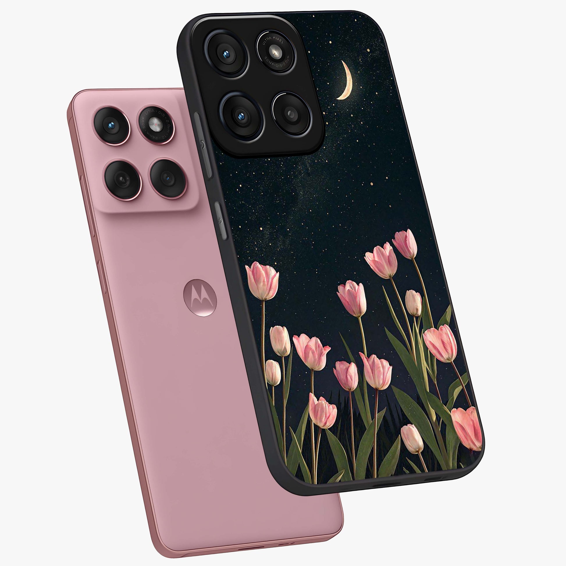 Midnight Tulip Whispers Vibe Glass Case displayed in angled mockup highlighting delicate tulip design with midnight floral aesthetic.