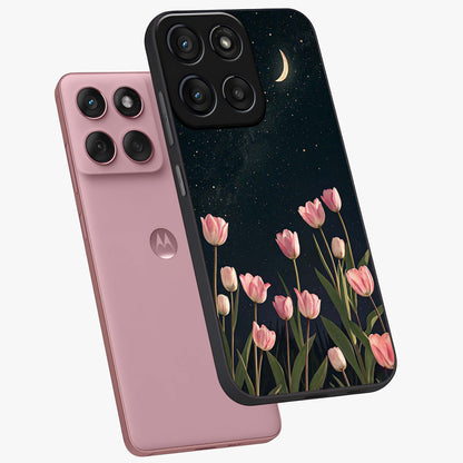 Midnight Tulip Whispers Vibe Glass Case displayed in angled mockup highlighting delicate tulip design with midnight floral aesthetic.