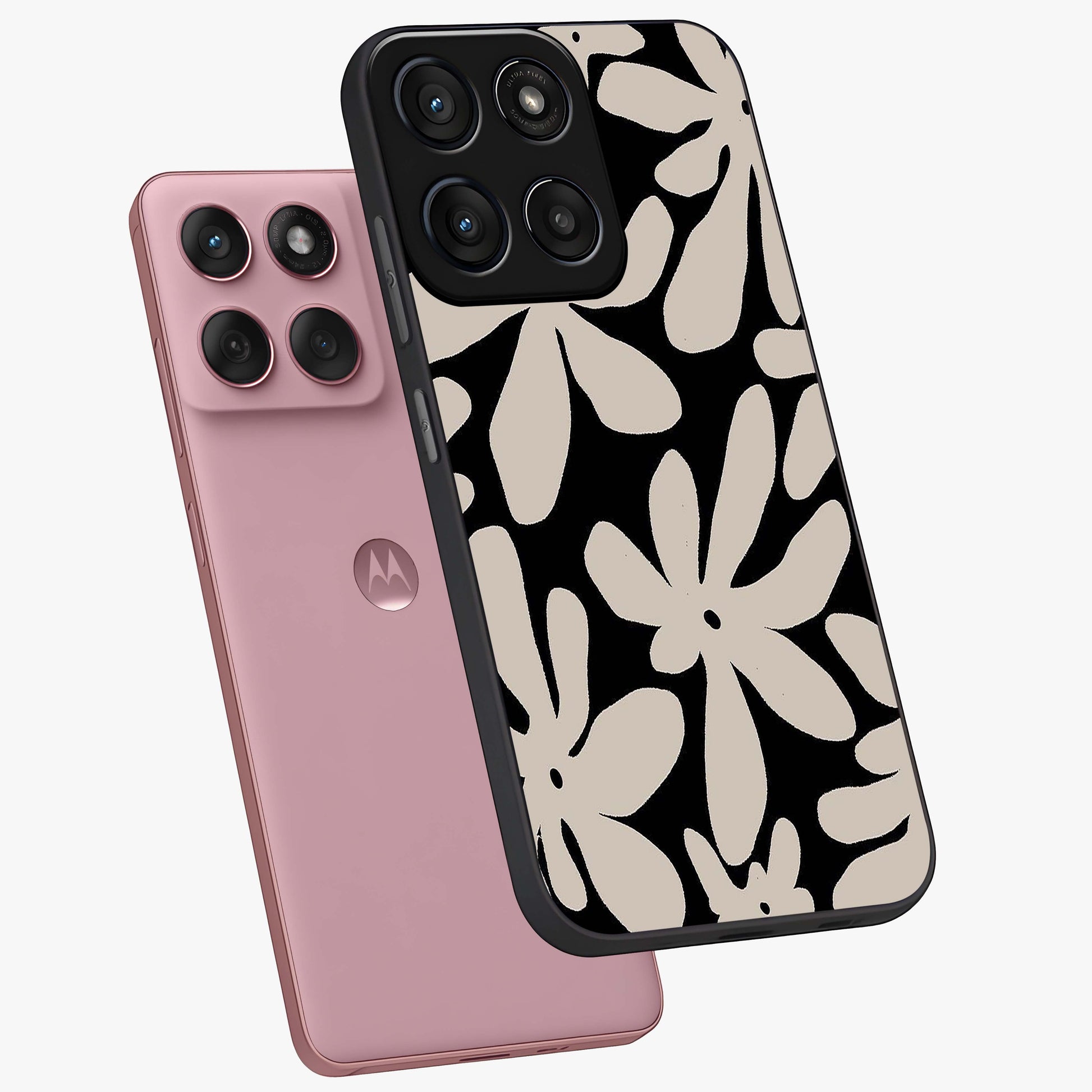 Monochrome Petal Dance Glass Case displayed in angled mockup highlighting elegant petal design with black and white aesthetic.
