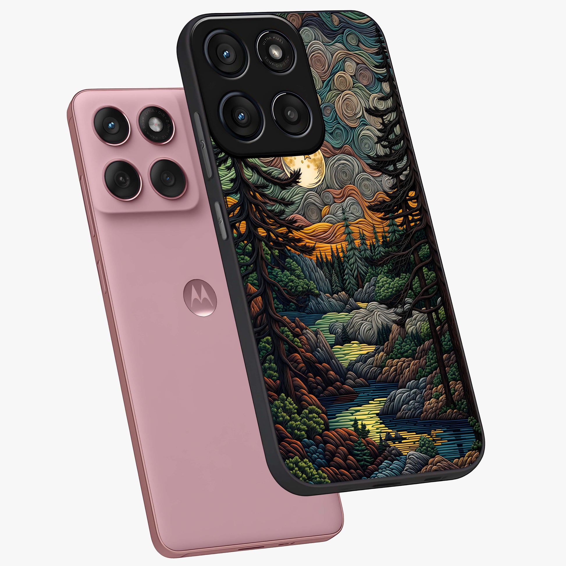 Moonlight Forest Dream Glass Case displayed in angled mockup highlighting dreamy forest design with glowing moon aesthetic.