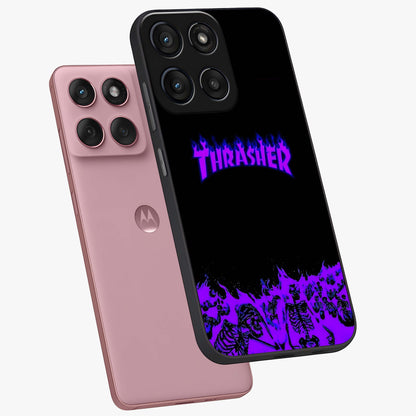 Neon Flame Riot Glass Case displayed in angled mockup highlighting glowing flame design with vibrant neon aesthetic.