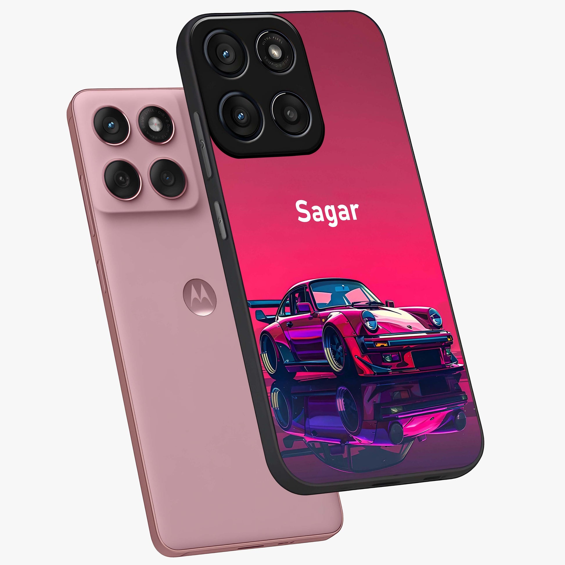 Neon Pink Porsche Glass Case displayed in angled mockup highlighting sleek neon pink car design with racing aesthetic.