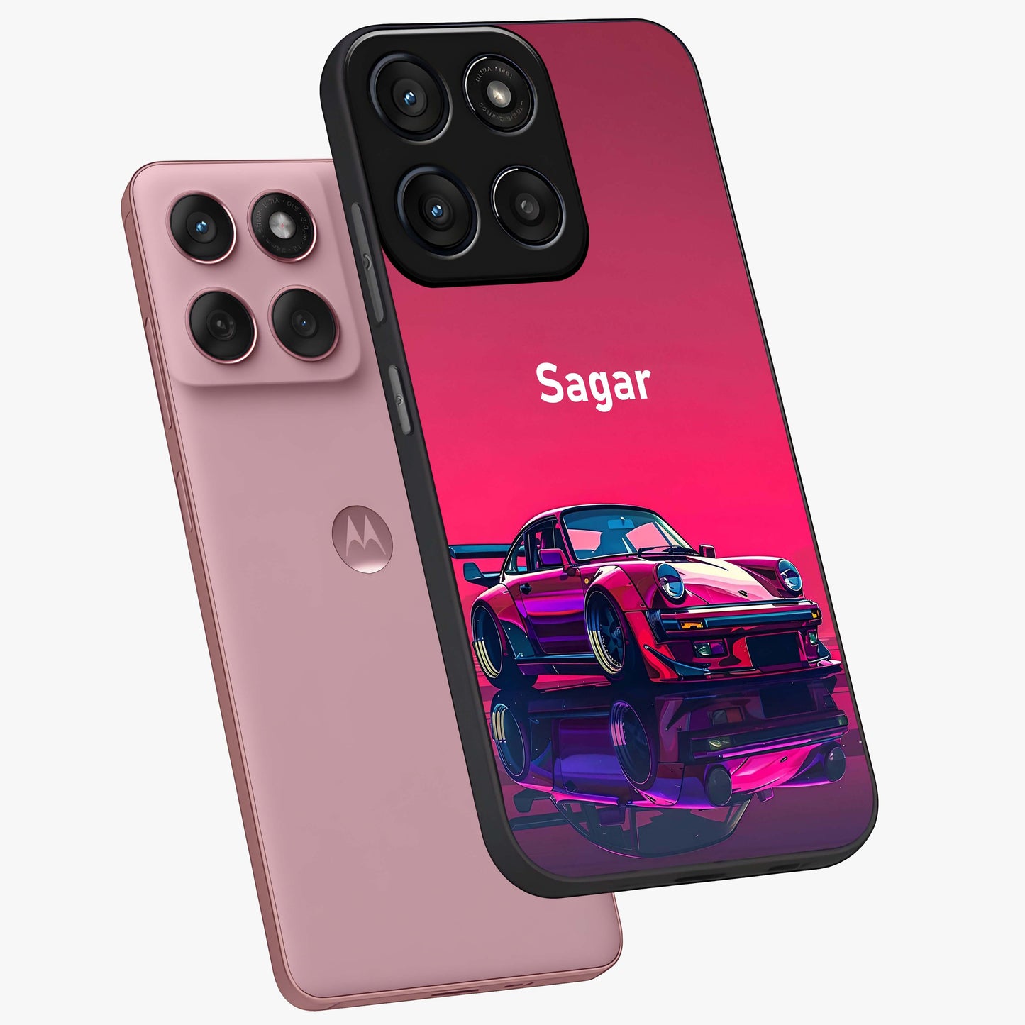 Neon Pink Porsche Glass Case displayed in angled mockup highlighting sleek neon pink car design with racing aesthetic.