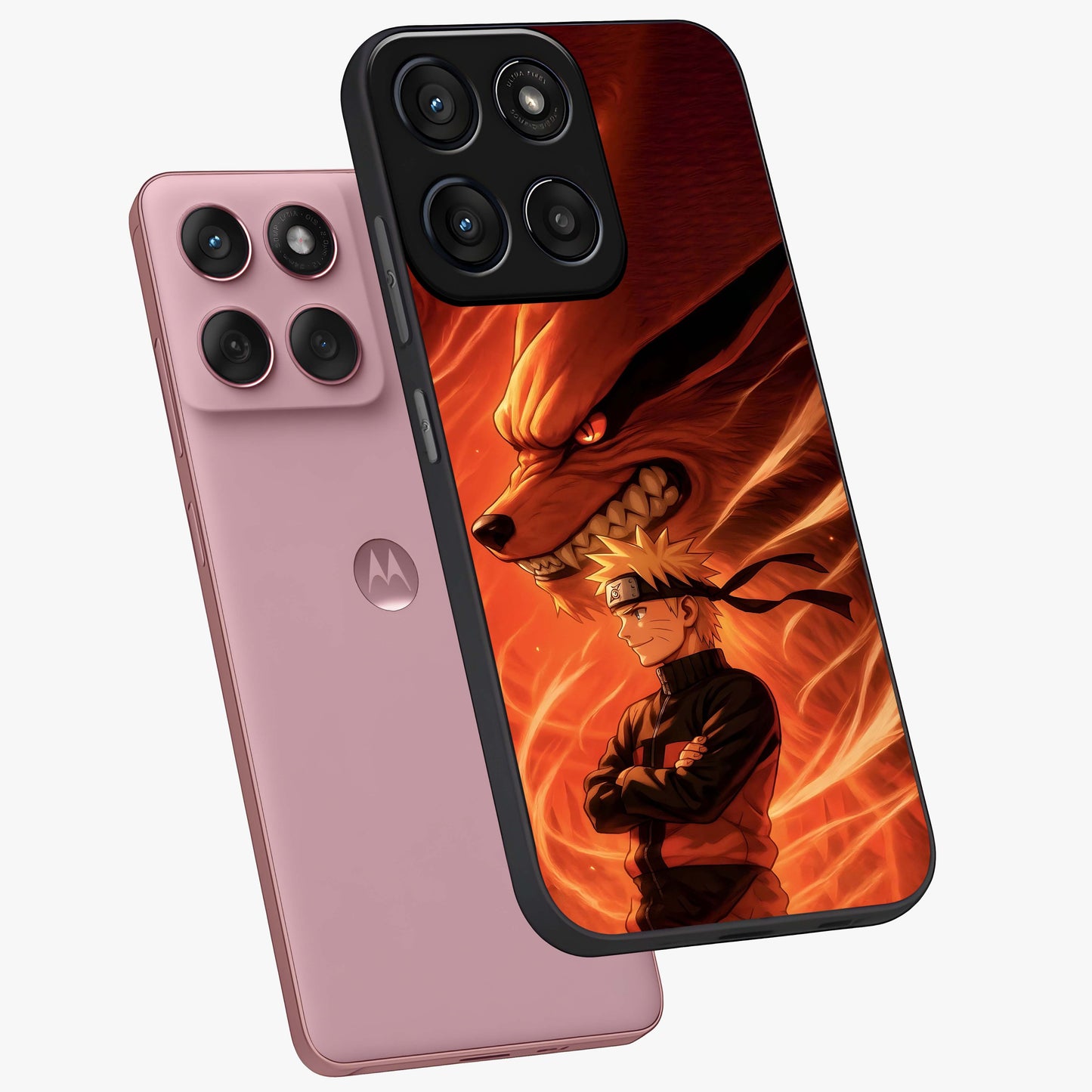 Nine Tails Legacy Glass Case displayed in angled mockup highlighting dynamic anime beast illustration with bold mystical aesthetic.