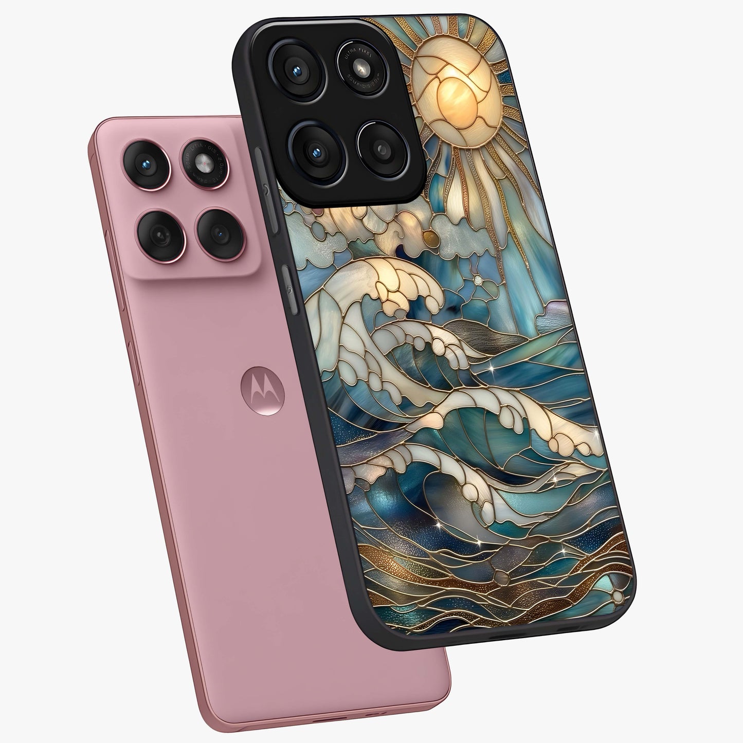 Oceanic Stained Printed Glass Case displayed in angled mockup highlighting colorful aquatic design with artistic aesthetic style.
