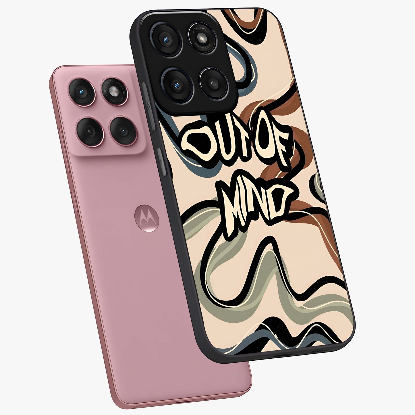 Out Of Mind Glass Case displayed in angled mockup highlighting bold statement design with modern artistic aesthetic.