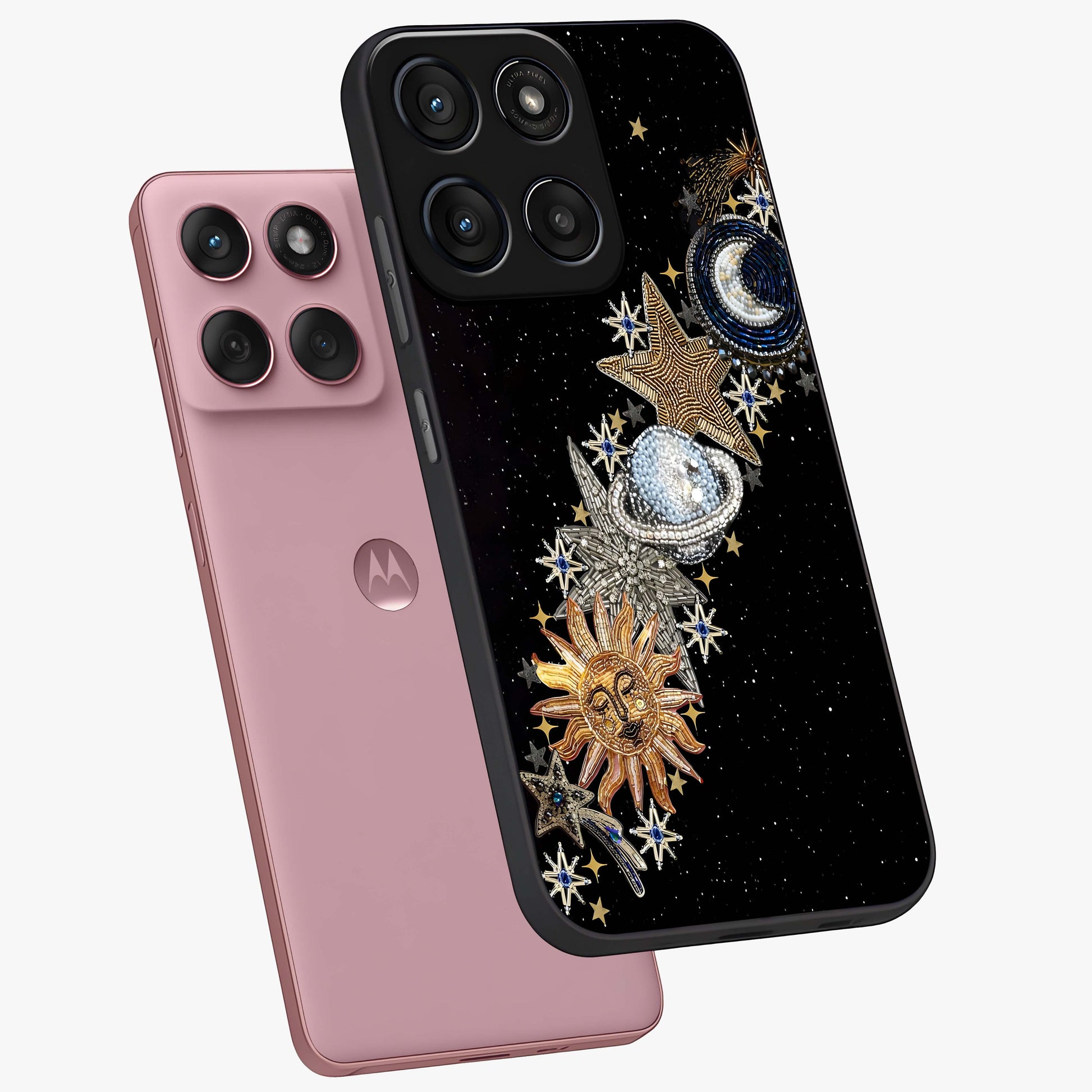 Pearls Universe Object Glass Case displayed in angled mockup highlighting celestial pearl design with dreamy aesthetic.