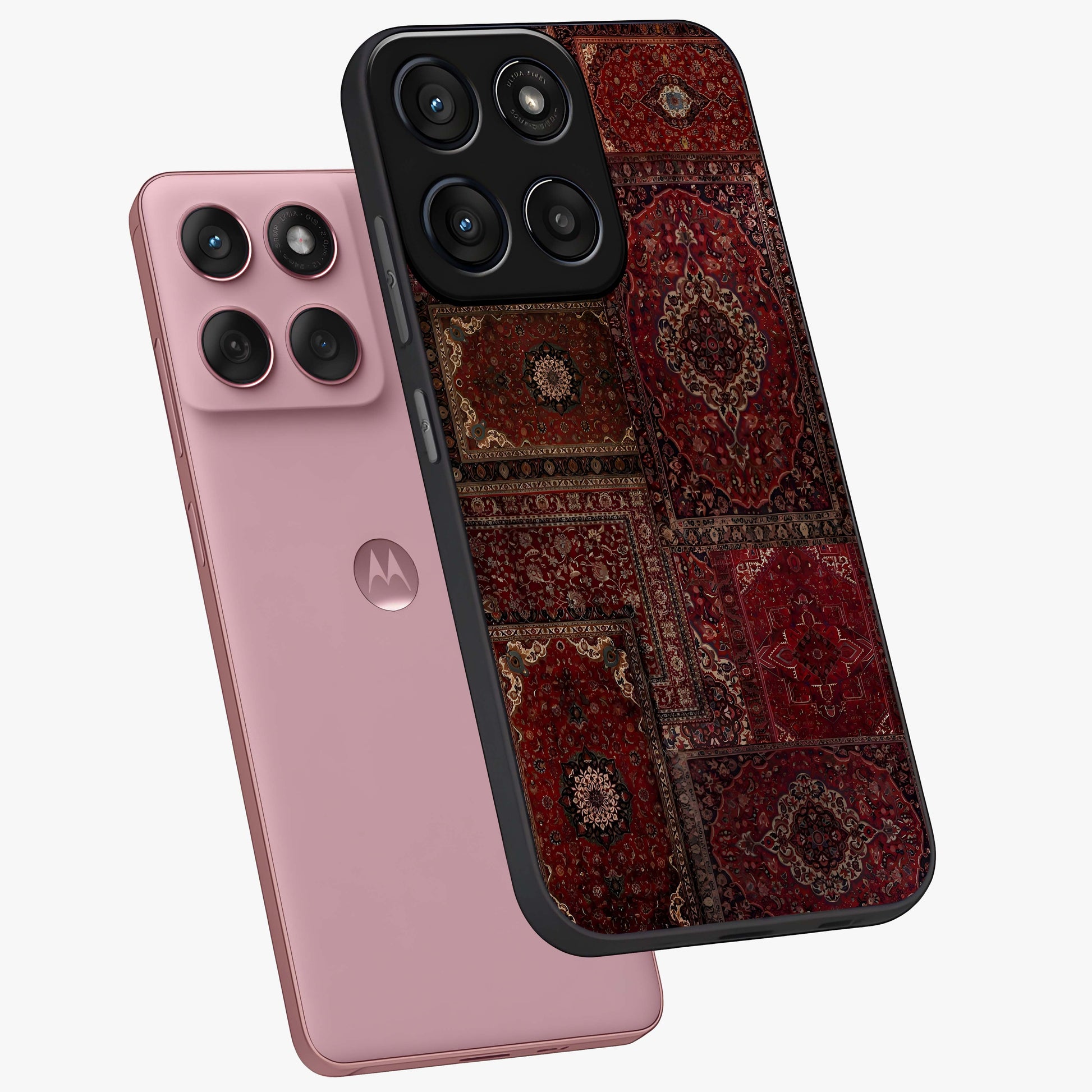 Persian Velvet Tale Glass Case displayed in angled mockup highlighting ornate textile inspired design with royal aesthetic.