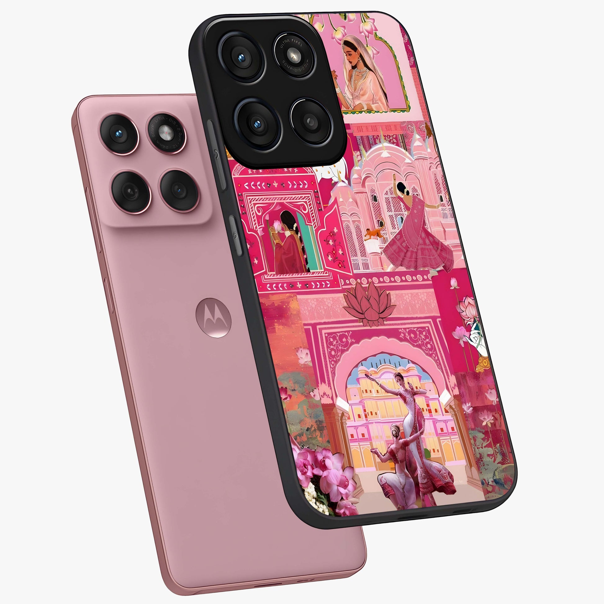 Pink Palace Muse Glass Case displayed in angled mockup highlighting dreamy palace illustration with soft pink aesthetic.