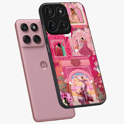 Pink Palace Muse Glass Case displayed in angled mockup highlighting dreamy palace illustration with soft pink aesthetic.