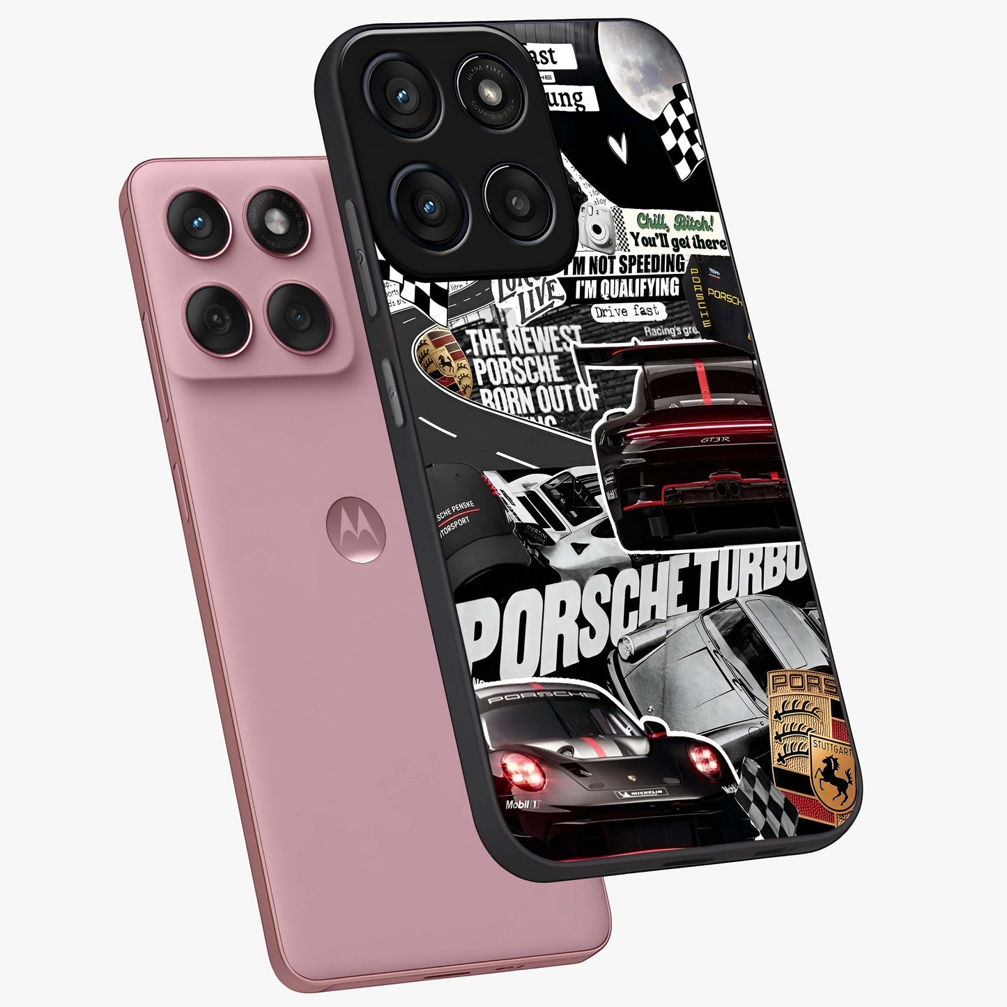 Porsche Racing Collage Glass Case displayed in angled mockup highlighting dynamic automotive design with bold racing aesthetic.