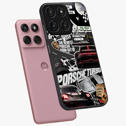 Porsche Racing Collage Glass Case displayed in angled mockup highlighting dynamic automotive design with bold racing aesthetic.